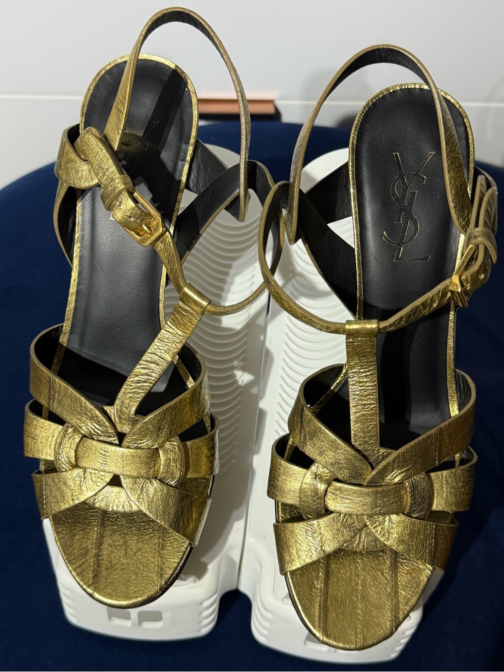 Yves Saint Laurent Gold Leather Knotted T-Strap Heels